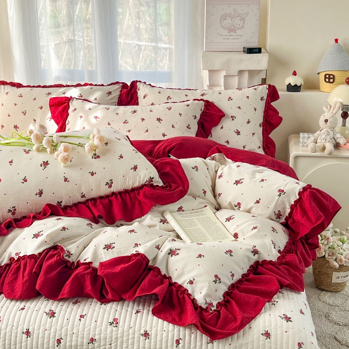 91家纺网 家纺一手货源 找家纺 梵克保罗 2026新款云感双层纱床盖四件套 复古花信