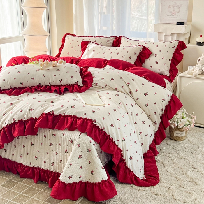 91家纺网 家纺一手货源 找家纺 梵克保罗 2026新款云感双层纱床盖四件套 复古花信