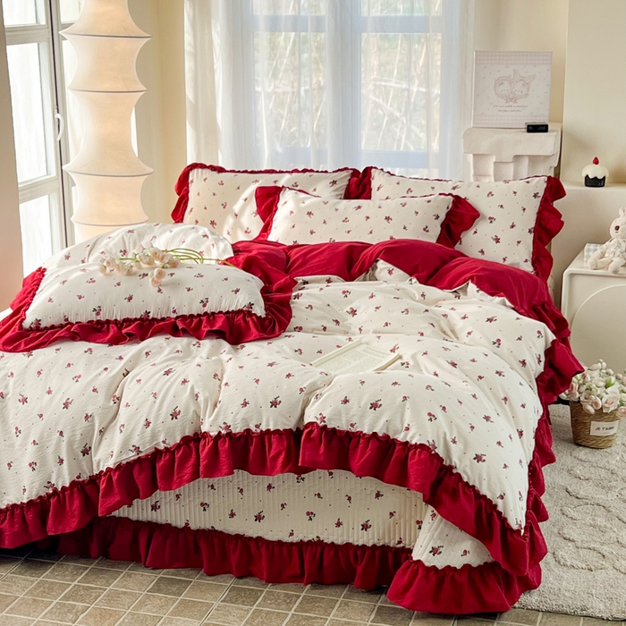 91家纺网 家纺一手货源 找家纺 梵克保罗 2026新款云感双层纱床盖四件套 复古花信