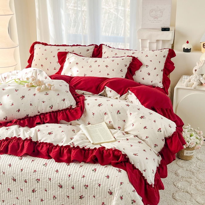 91家纺网 家纺一手货源 找家纺 梵克保罗 2026新款云感双层纱床盖四件套 复古花信