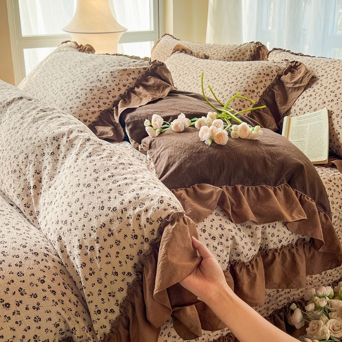 91家纺网 家纺一手货源 找家纺 梵克保罗 2026新款云感双层纱床盖四件套 旧橡果花事