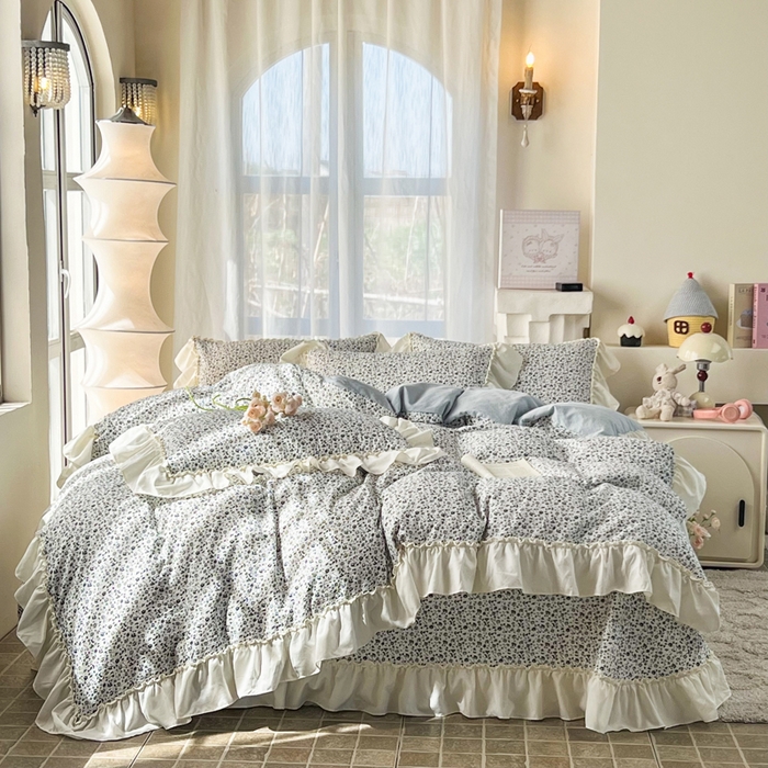 91家纺网 家纺一手货源 找家纺 梵克保罗 2026新款云感双层纱床盖四件套 青空小碎花