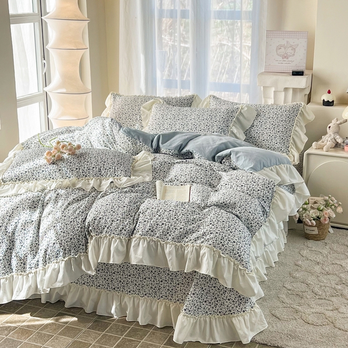91家纺网 家纺一手货源 找家纺 梵克保罗 2026新款云感双层纱床盖四件套 青空小碎花