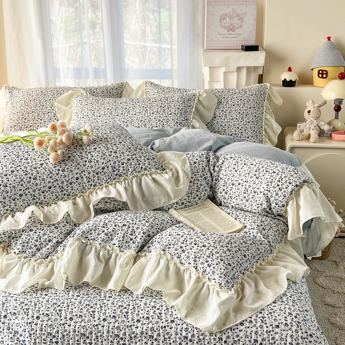 91家纺网 家纺一手货源 找家纺 梵克保罗 2026新款云感双层纱床盖四件套 青空小碎花