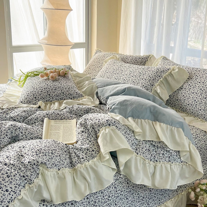 91家纺网 家纺一手货源 找家纺 梵克保罗 2026新款云感双层纱床盖四件套 青空小碎花