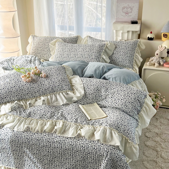 91家纺网 家纺一手货源 找家纺 梵克保罗 2026新款云感双层纱床盖四件套 青空小碎花