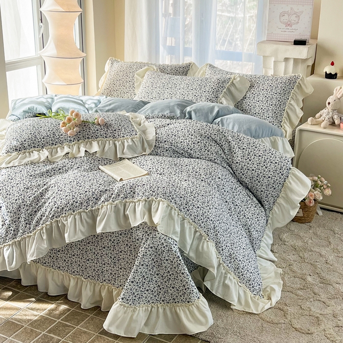 91家纺网 家纺一手货源 找家纺 梵克保罗 2026新款云感双层纱床盖四件套 青空小碎花