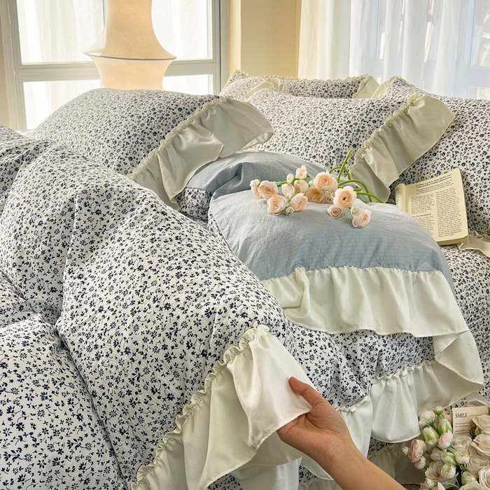 91家纺网 家纺一手货源 找家纺 梵克保罗 2026新款云感双层纱床盖四件套 青空小碎花