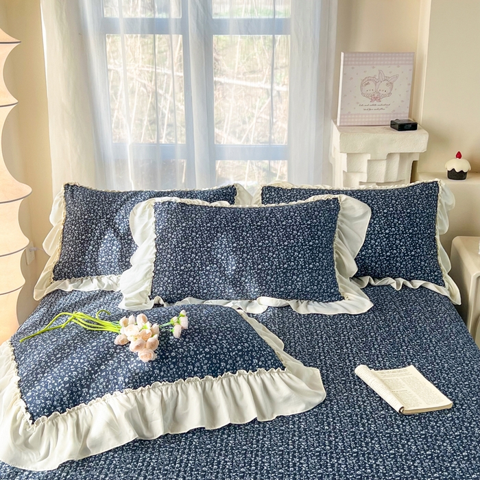 91家纺网 家纺一手货源 找家纺 梵克保罗 2026新款云感双层纱床盖四件套 深蓝碎雪
