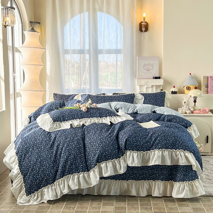 91家纺网 家纺一手货源 找家纺 梵克保罗 2026新款云感双层纱床盖四件套 深蓝碎雪