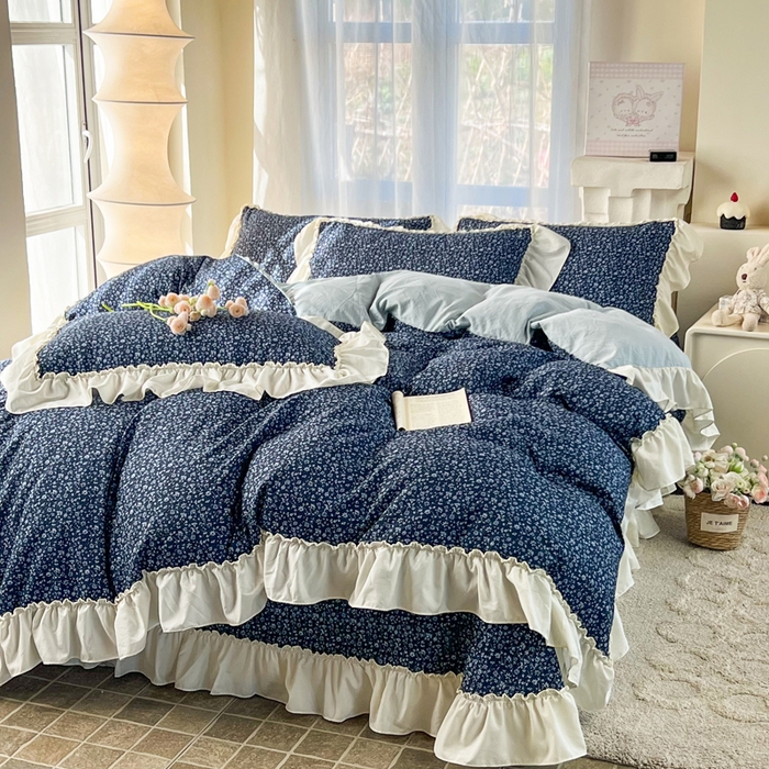 91家纺网 家纺一手货源 找家纺 梵克保罗 2026新款云感双层纱床盖四件套 深蓝碎雪