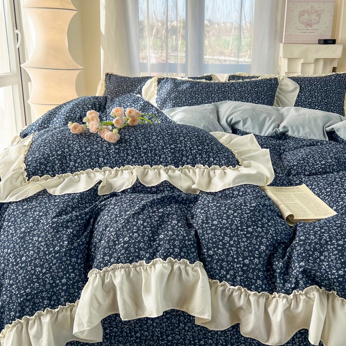 91家纺网 家纺一手货源 找家纺 梵克保罗 2026新款云感双层纱床盖四件套 深蓝碎雪