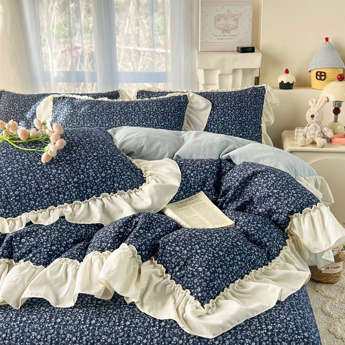 91家纺网 家纺一手货源 找家纺 梵克保罗 2026新款云感双层纱床盖四件套 深蓝碎雪