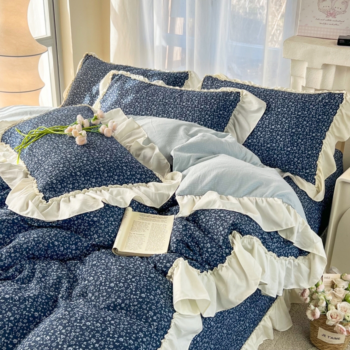91家纺网 家纺一手货源 找家纺 梵克保罗 2026新款云感双层纱床盖四件套 深蓝碎雪