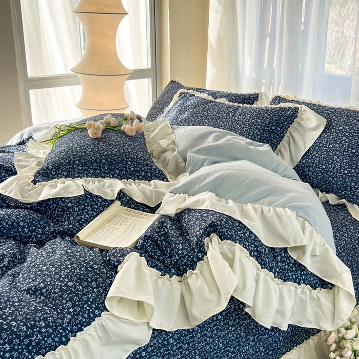 91家纺网 家纺一手货源 找家纺 梵克保罗 2026新款云感双层纱床盖四件套 深蓝碎雪
