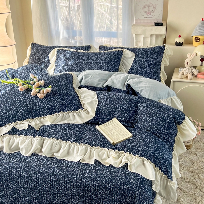 91家纺网 家纺一手货源 找家纺 梵克保罗 2026新款云感双层纱床盖四件套 深蓝碎雪