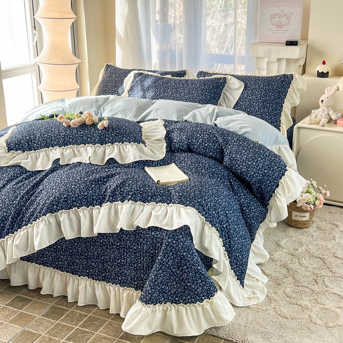 91家纺网 家纺一手货源 找家纺 梵克保罗 2026新款云感双层纱床盖四件套 深蓝碎雪