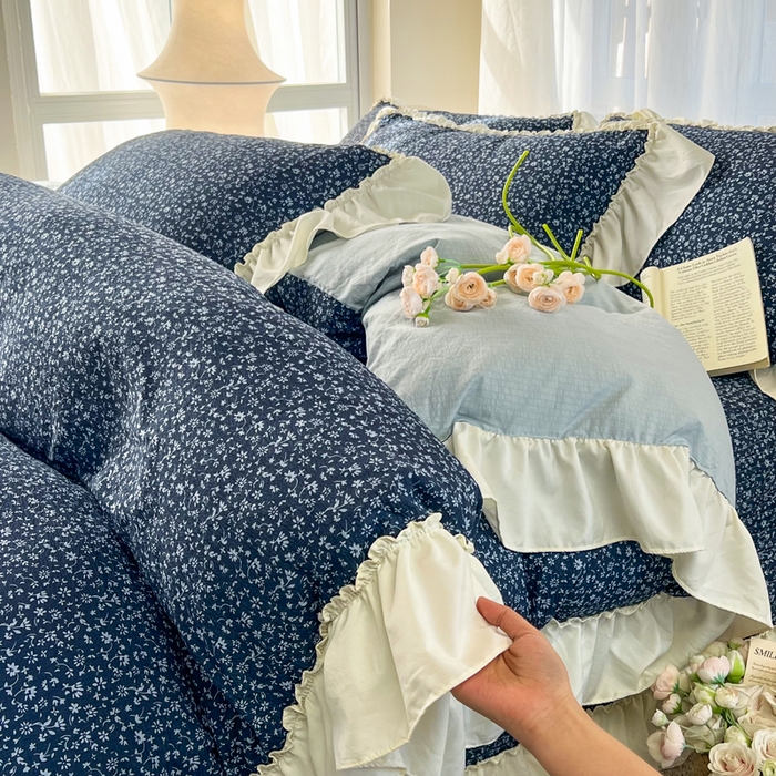 91家纺网 家纺一手货源 找家纺 梵克保罗 2026新款云感双层纱床盖四件套 深蓝碎雪