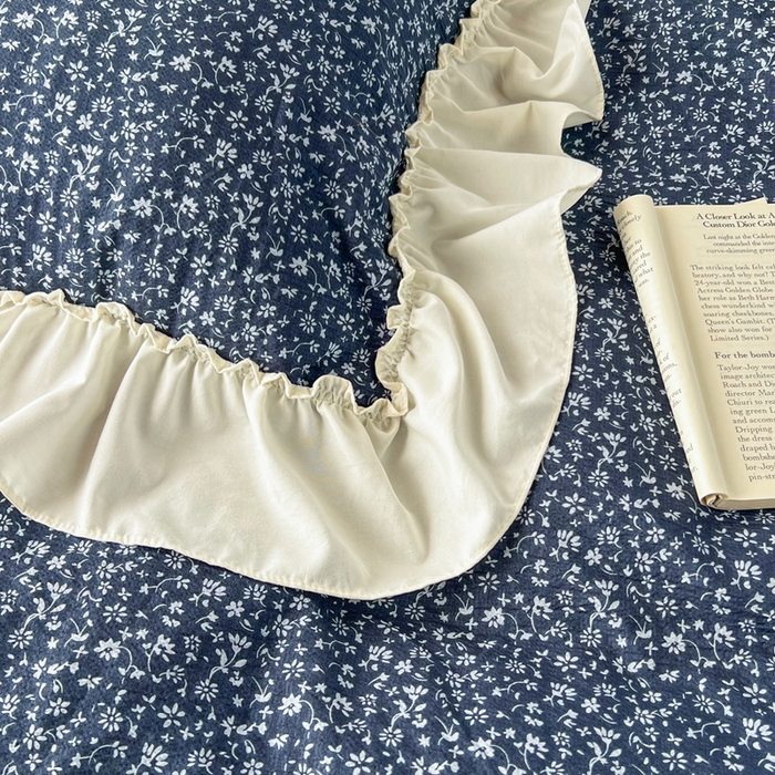 91家纺网 家纺一手货源 找家纺 梵克保罗 2026新款云感双层纱床盖四件套 深蓝碎雪