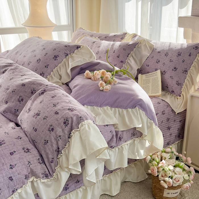 梵克保罗 2026新款云感双层纱床盖四件套 雾紫花漾