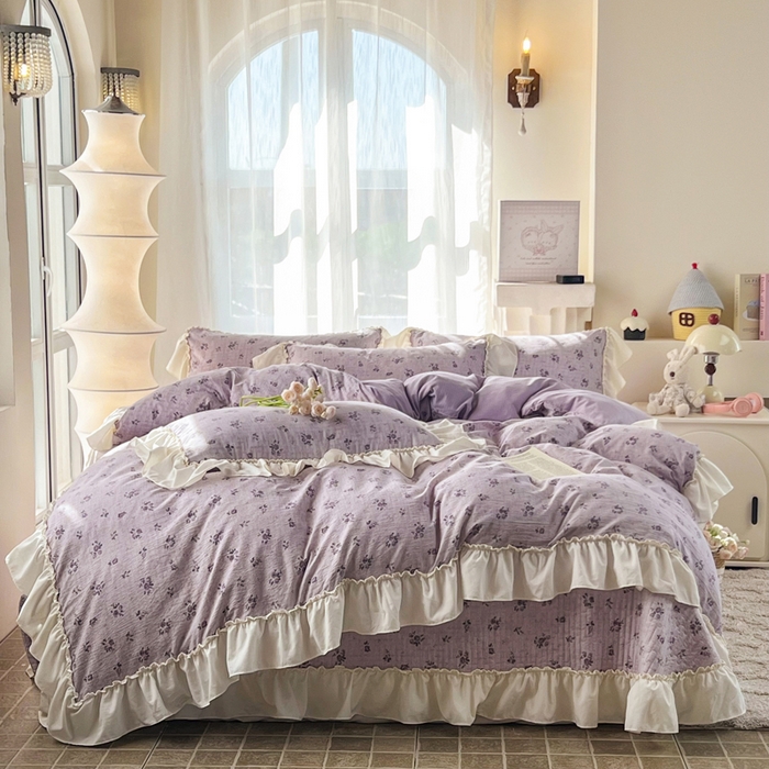 91家纺网 家纺一手货源 找家纺 梵克保罗 2026新款云感双层纱床盖四件套 雾紫花漾