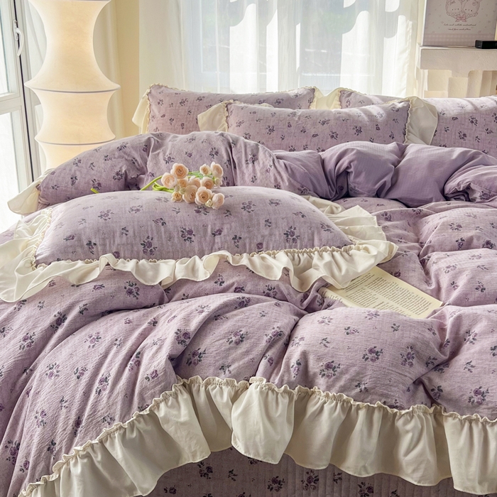 91家纺网 家纺一手货源 找家纺 梵克保罗 2026新款云感双层纱床盖四件套 雾紫花漾