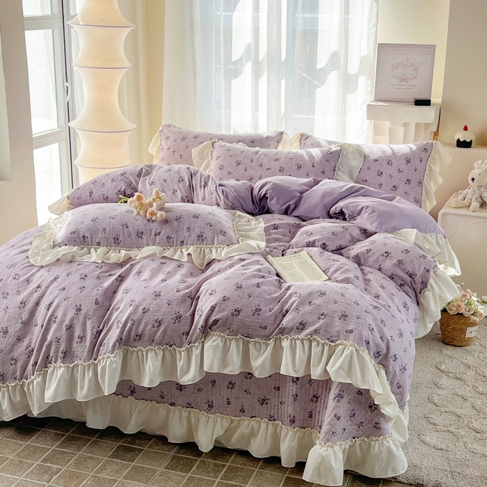 91家纺网 家纺一手货源 找家纺 梵克保罗 2026新款云感双层纱床盖四件套 雾紫花漾