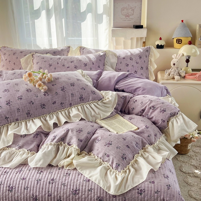 91家纺网 家纺一手货源 找家纺 梵克保罗 2026新款云感双层纱床盖四件套 雾紫花漾