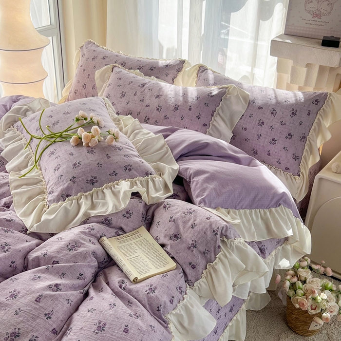 91家纺网 家纺一手货源 找家纺 梵克保罗 2026新款云感双层纱床盖四件套 雾紫花漾