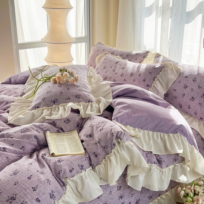 91家纺网 家纺一手货源 找家纺 梵克保罗 2026新款云感双层纱床盖四件套 雾紫花漾