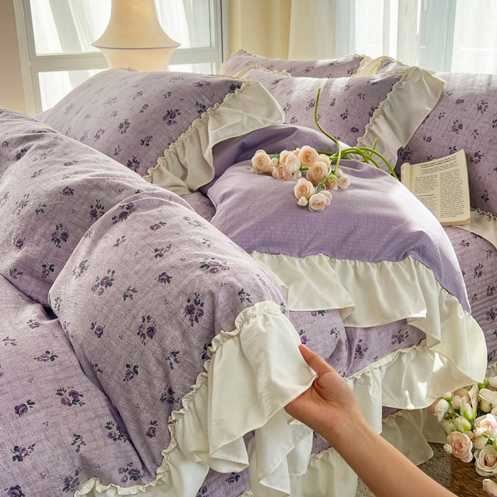 91家纺网 家纺一手货源 找家纺 梵克保罗 2026新款云感双层纱床盖四件套 雾紫花漾