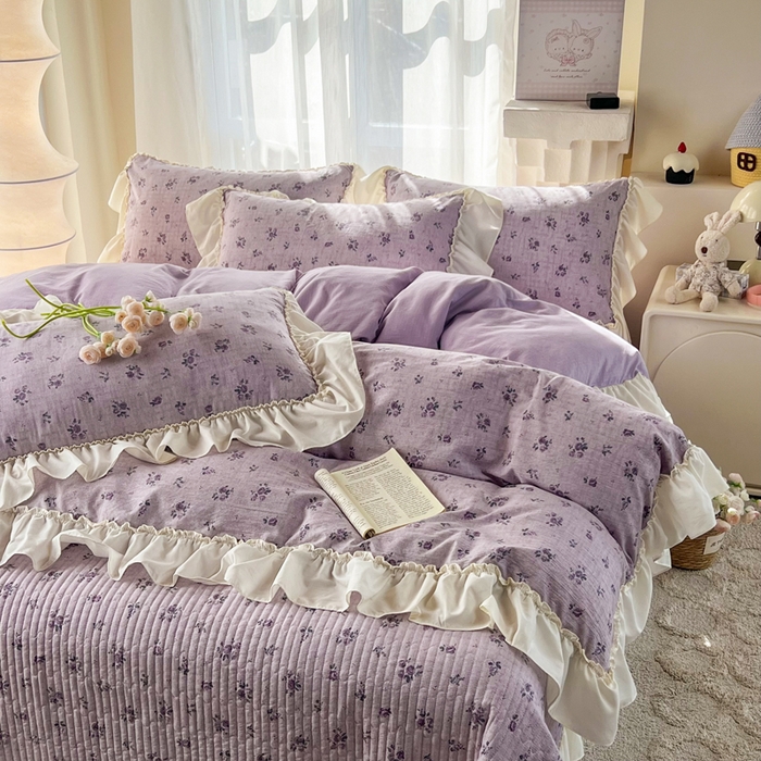 91家纺网 家纺一手货源 找家纺 梵克保罗 2026新款云感双层纱床盖四件套 雾紫花漾