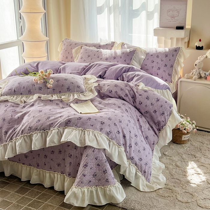 91家纺网 家纺一手货源 找家纺 梵克保罗 2026新款云感双层纱床盖四件套 雾紫花漾