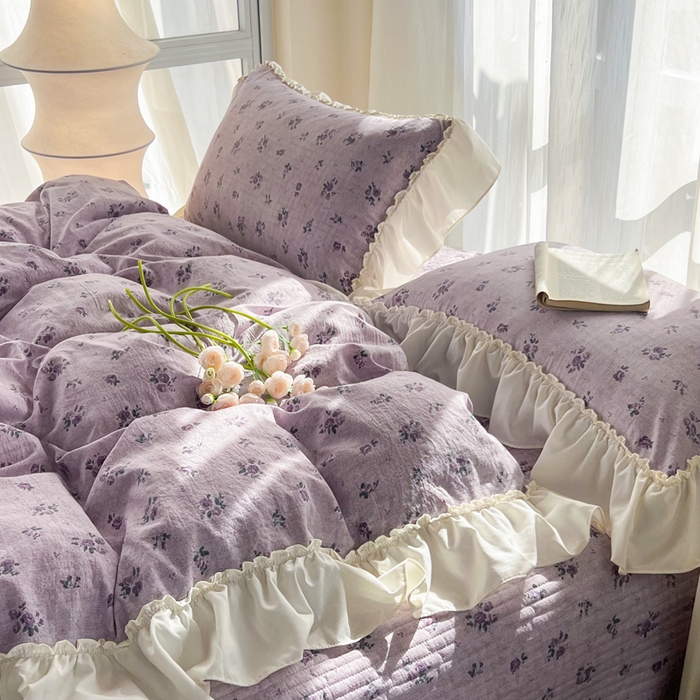 91家纺网 家纺一手货源 找家纺 梵克保罗 2026新款云感双层纱床盖四件套 雾紫花漾