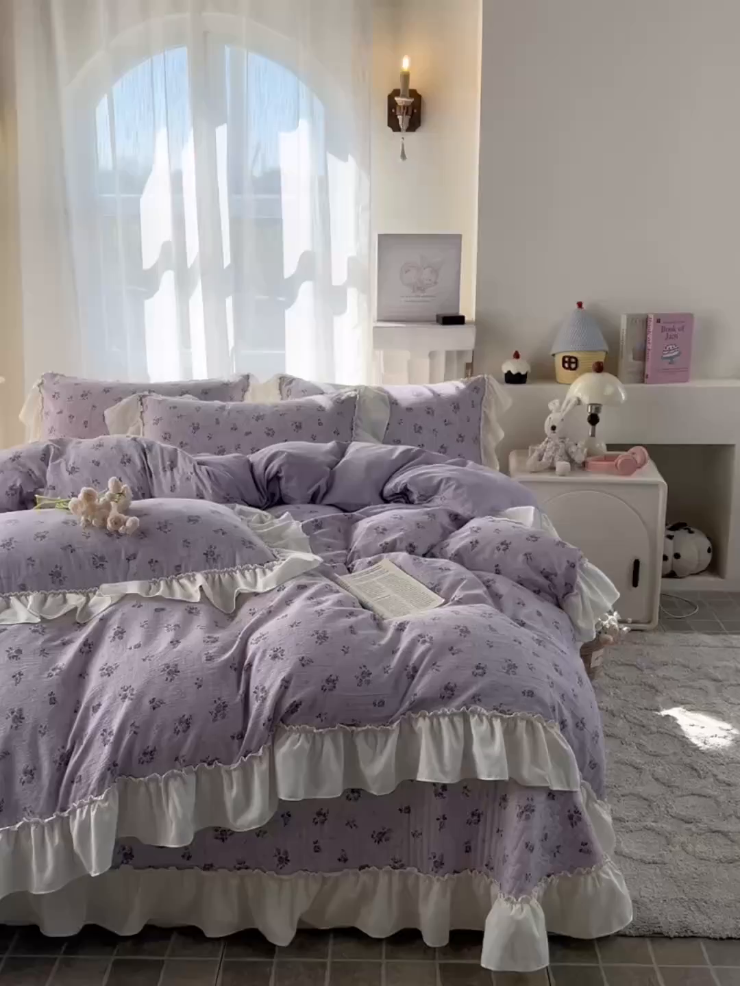91家纺网 家纺一手货源 找家纺 梵克保罗 2026新款云感双层纱床盖四件套 雾紫花漾