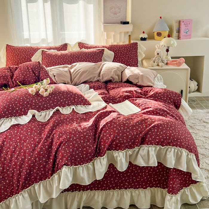91家纺网 家纺一手货源 找家纺 梵克保罗 2026新款云感双层纱床盖四件套 朱砂小碎花
