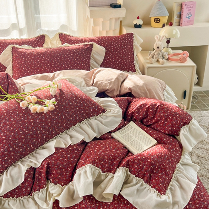 91家纺网 家纺一手货源 找家纺 梵克保罗 2026新款云感双层纱床盖四件套 朱砂小碎花