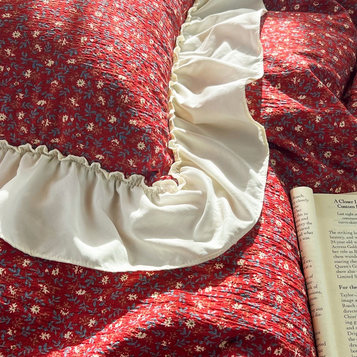 91家纺网 家纺一手货源 找家纺 梵克保罗 2026新款云感双层纱床盖四件套 朱砂小碎花