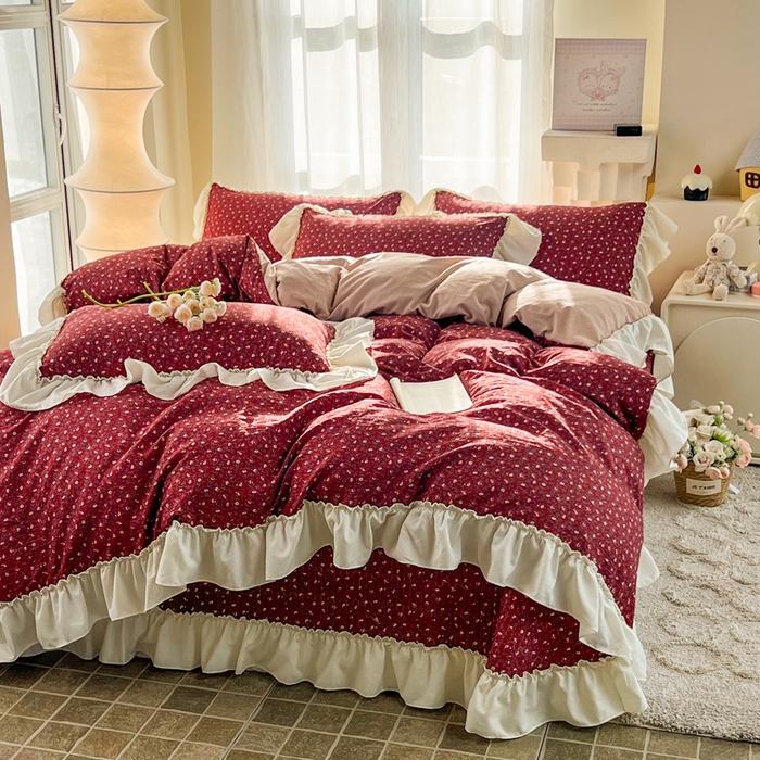 91家纺网 家纺一手货源 找家纺 梵克保罗 2026新款云感双层纱床盖四件套 朱砂小碎花