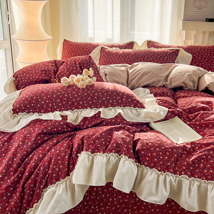91家纺网 家纺一手货源 找家纺 梵克保罗 2026新款云感双层纱床盖四件套 朱砂小碎花