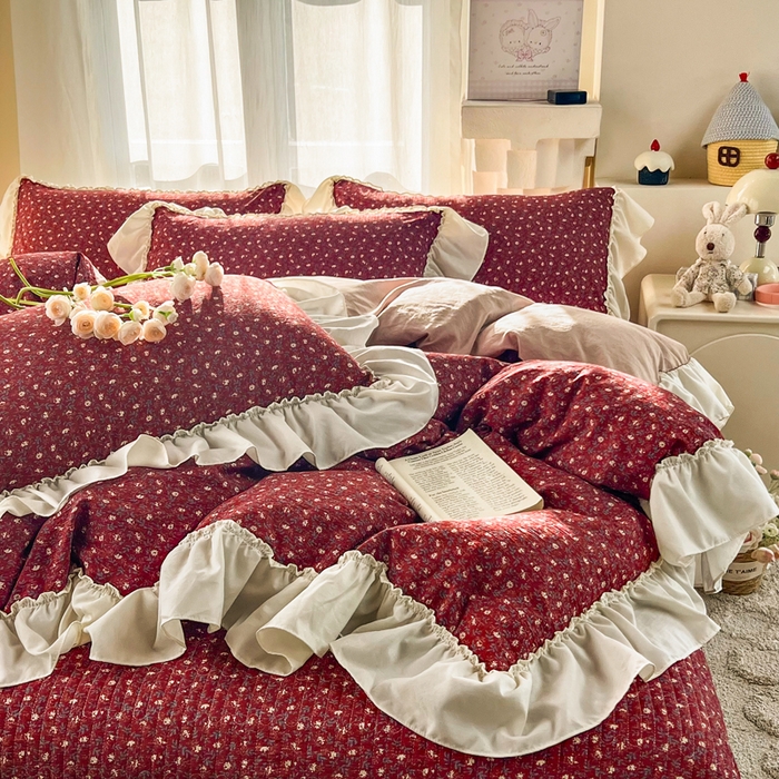 91家纺网 家纺一手货源 找家纺 梵克保罗 2026新款云感双层纱床盖四件套 朱砂小碎花