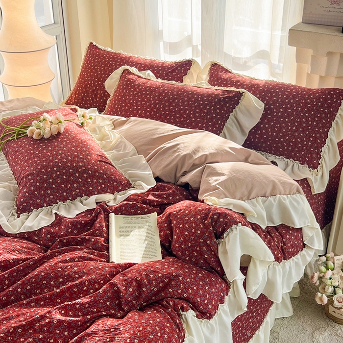 91家纺网 家纺一手货源 找家纺 梵克保罗 2026新款云感双层纱床盖四件套 朱砂小碎花