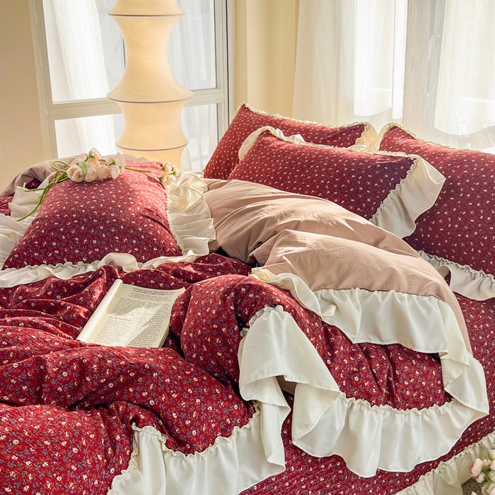 91家纺网 家纺一手货源 找家纺 梵克保罗 2026新款云感双层纱床盖四件套 朱砂小碎花