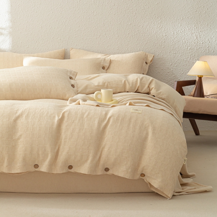 91家纺网 家纺一手货源 找家纺 梵克保罗 2026新款A类亲肤舒适棉麻纽扣款四件套 日光米柔