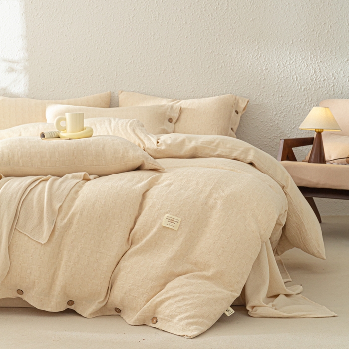 91家纺网 家纺一手货源 找家纺 梵克保罗 2026新款A类亲肤舒适棉麻纽扣款四件套 日光米柔