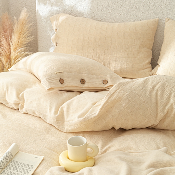 91家纺网 家纺一手货源 找家纺 梵克保罗 2026新款A类亲肤舒适棉麻纽扣款四件套 日光米柔