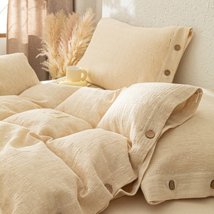 91家纺网 家纺一手货源 找家纺 梵克保罗 2026新款A类亲肤舒适棉麻纽扣款四件套 日光米柔