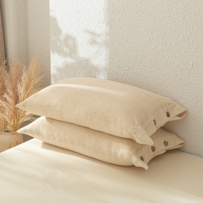 91家纺网 家纺一手货源 找家纺 梵克保罗 2026新款A类亲肤舒适棉麻纽扣款四件套 日光米柔