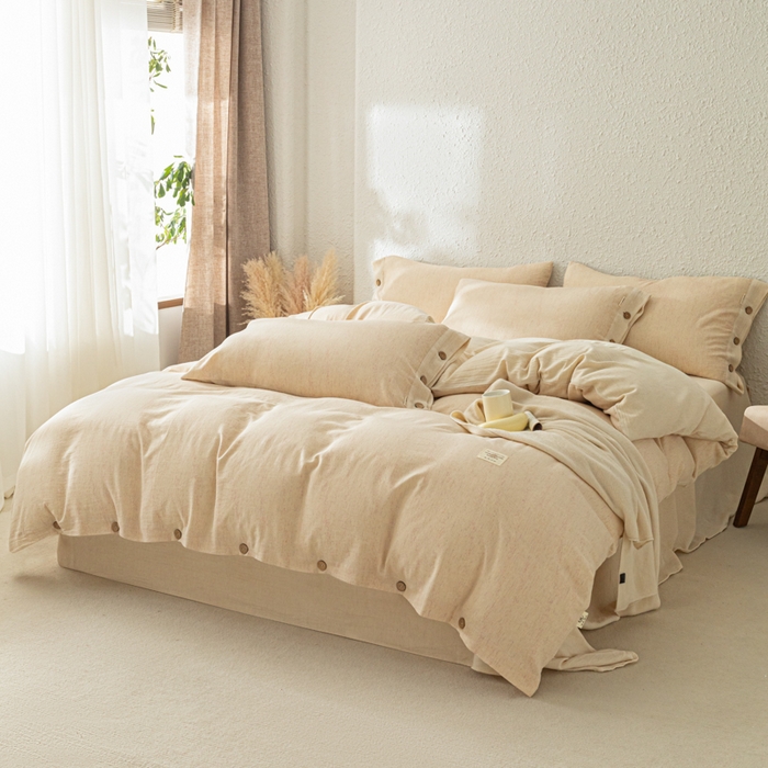 91家纺网 家纺一手货源 找家纺 梵克保罗 2026新款A类亲肤舒适棉麻纽扣款四件套 松间米柔