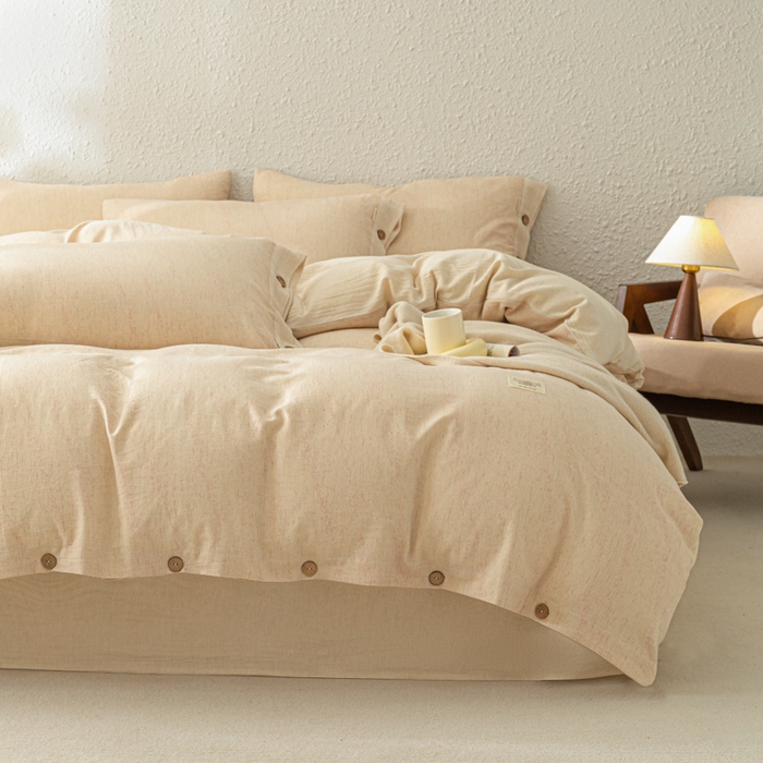 91家纺网 家纺一手货源 找家纺 梵克保罗 2026新款A类亲肤舒适棉麻纽扣款四件套 松间米柔